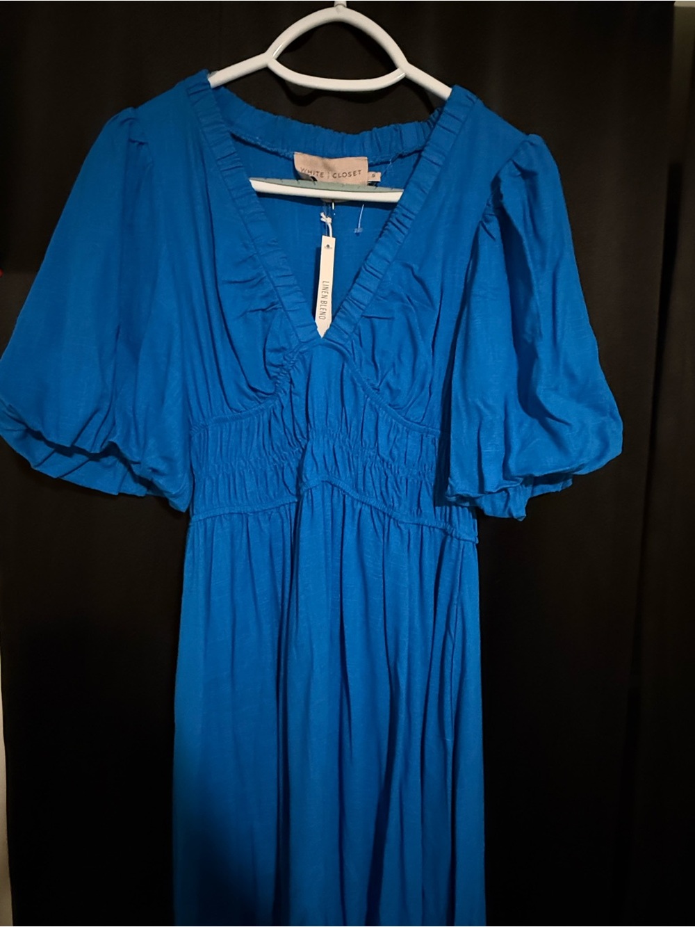 Blue Puff-Sleeve V-Neck Dress